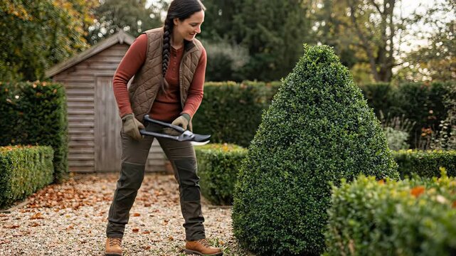 Professional female gardener landscaping an ornamental garden, carefully shaping a conical boxwood topiary with large shears during a sunny autumn day while maintaining the backyard