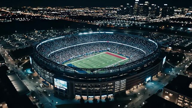 Stunning aerial footage showcasing a massive american football stadium packed with enthusiastic fans during a thrilling night game, with the vibrant city lights illuminating the background