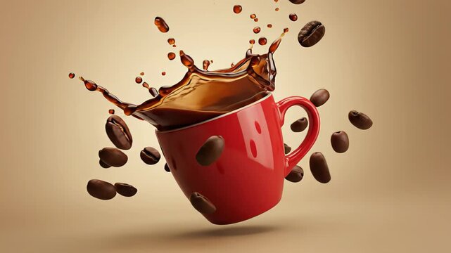Energetic concept of a floating red ceramic mug with hot espresso splashing out in a beautiful crown shape as roasted coffee beans fall all around it against a warm, brown background