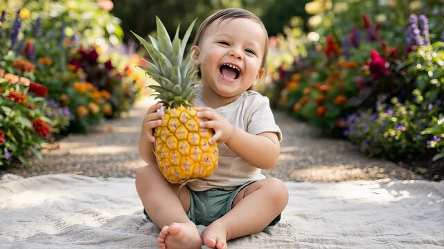 Cute smiling toddler sitting barefoot on a blanket, happily holding and examining a fresh pineapple in a beautiful sunlit flower garden. A cheerful moment of childhood curiosity and healthy food