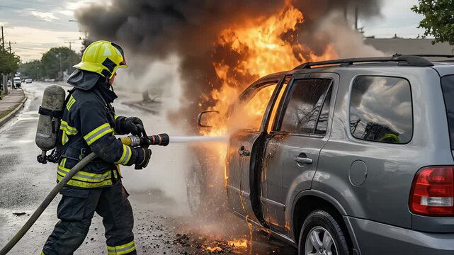 Courageous firefighter in full protective gear using a high pressure water hose to put out a dangerous car fire, with intense flames and thick smoke rising from the burning vehicle on a city street