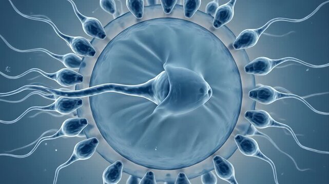 Scientific animation showing the process of human reproduction, as multiple sperm cells swim towards an ovum and one successfully penetrates the membrane, resulting in conception and fertilization