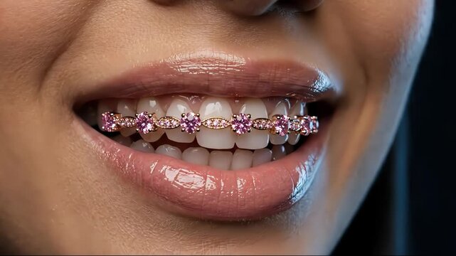 Perfect white teeth of a smiling woman wearing unique custom braces adorned with pink precious stones and gold. Macro shot showing a beautiful smile, glossy lips, and luxury orthodontic jewelry