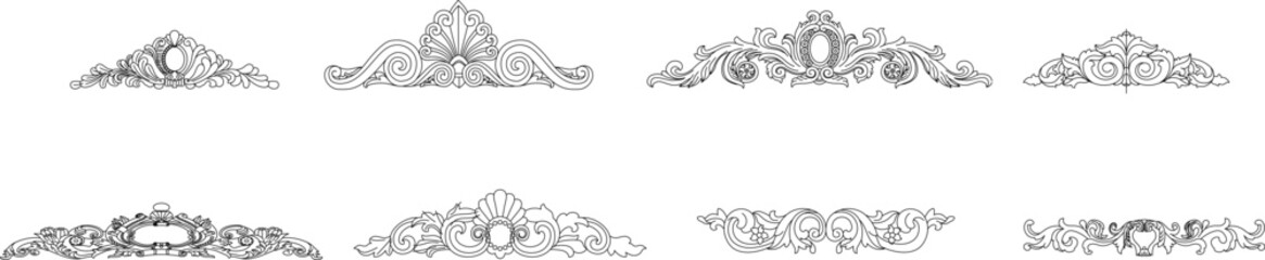 Vector technical drawings of classical architectural ornaments including ornate urns, decorative pediments, floral moldings, and cornice profiles © Riki