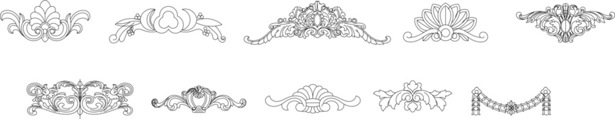 Vector technical drawings of classical architectural ornaments including ornate urns, decorative pediments, floral moldings, and cornice profiles. © Riki