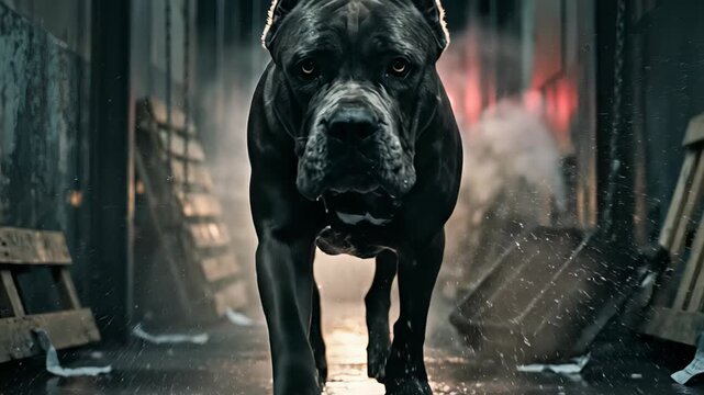 Muscular and intimidating cane corso dog walking towards the camera in slow motion through a dark, wet alleyway with smoke and police lights flashing in the background for a dramatic atmosphere