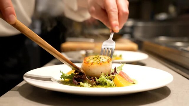 Fine dining scallop dish with delicate garnishes being artfully prepared and plated by a chef in a professional kitchen setting