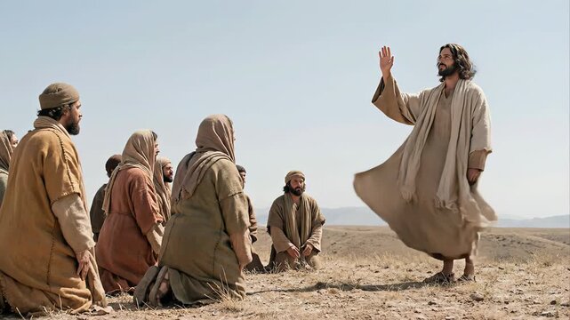 Reenactment of jesus christ of nazareth standing in the desert, preaching and giving a blessing to a group of his apostles and followers who are kneeling respectfully before him on a sunny day