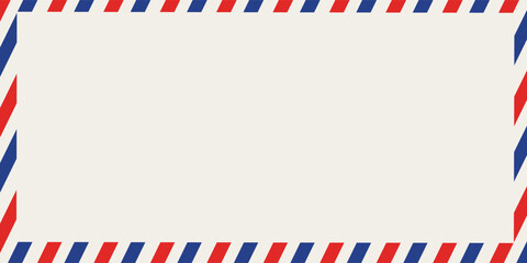 Obraz premium Postal air mail envelope frame with red and blue stripes on a white background. Vector illustration.