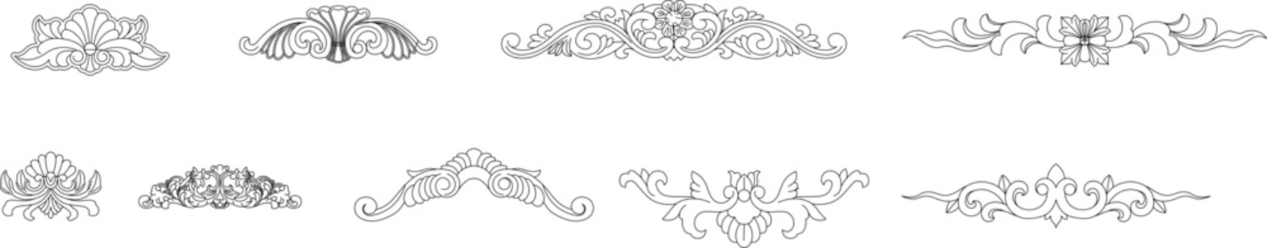 Vector technical drawings of classical architectural ornaments including ornate urns, decorative pediments, floral moldings, and cornice profiles.