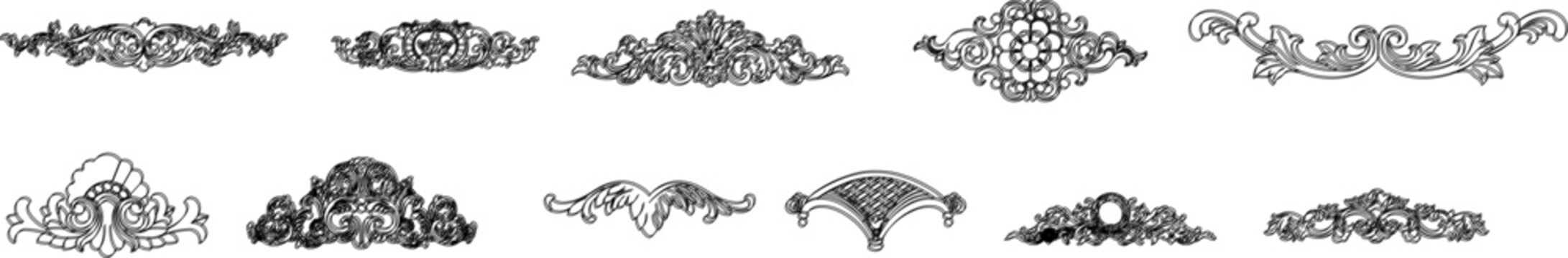 Vector technical drawings of classical architectural ornaments including ornate urns, decorative pediments, floral moldings, and cornice profiles.