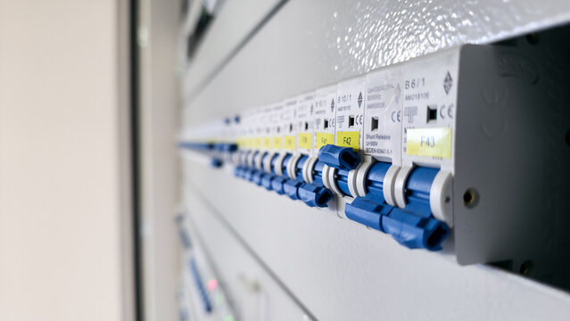 Row of blue circuit breakers inside electrical distribution panel. Close-up of power control system in industrial or commercial building.