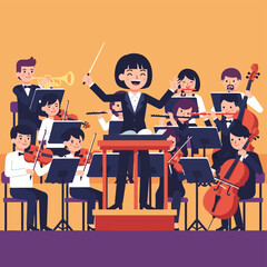Female Conductor Leading Orchestra Performance.