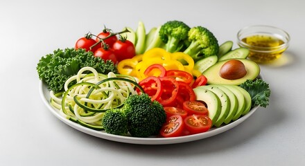 Vibrant plate of fresh vegetables with avocado and olive oil