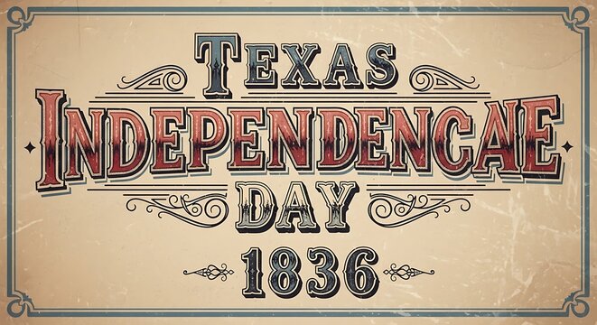 The words "Texas Independence Day 1836" are shown in vintage poster-style lettering