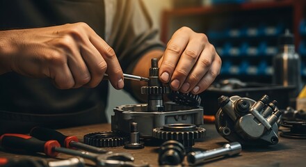 Close-up of male hands fixing motorcycle parts in a workshop setting, detailed mechanical repair concept ideal for automotive service, maintenance, and industry themes.