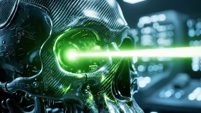 A metallic skull with a glowing green laser beam emanating from its eye socket, set against a futuristic control panel background