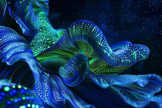 Bioluminescent sea creatures close-up deep blue green swirling digital art texture