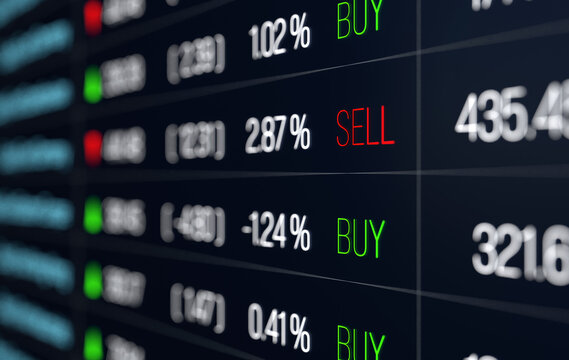 Close-up buy and sell signs, trading screen with equity funds prices, data, market information. Business, investment, growth, prices up and down, volatile, market risk.