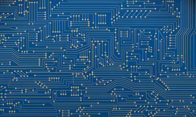 Printed circuit board with conductor tracks, computer hardware for processors and circuits. Technology, digital devices for electronic semiconductors. 3D illustration
