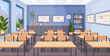 Interior of stylish empty classroom with school desks, chairs, school lockers, bookcase, books, windows and  pot flowers. Class for study. Education concept. Vector Not AI generated ©  HourGlass