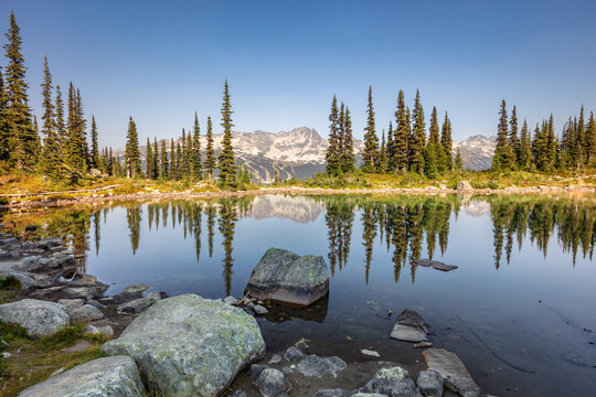 Harmony Lake with Reflection of Blackcomb Peak on Whistler Mountain British Columbia Canada