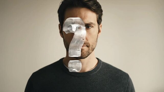 A man with a question mark on his face conveys uncertainty, weighing his options for a difficult decision and ultimate life choice.