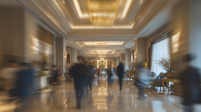 Soft focus busy modern hotel lobby motion blur people shiny floor elegant luxury beautiful lighting fixtures expensive furniture stylish fancy fashionable trendy with copy space	