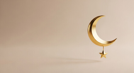 Golden Crescent Moon and Star Ornament on a Minimalist Background