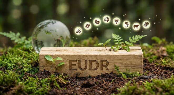 EUDR text on wooden log with environmental icons in nature. Sustainable supply chain concept for deforestation regulation compliance, ethical sourcing and forest conservation law banner