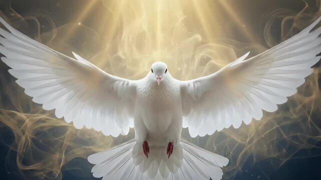 Holy Spirit dove flying through golden divine light and smoke.