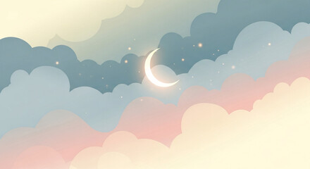 Dreamy Pastel Night Sky with Glowing Crescent Moon and Sparkle Stars