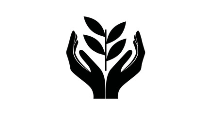 Two black hands gently holding a growing plant sprout with leaves, symbolizing nature protection, environmental care, growth, and sustainability.