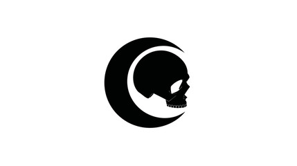 Black silhouette of a human skull combined with a crescent moon on a clean white background, gothic symbol illustration