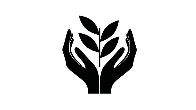 Two black hands gently holding a growing plant sprout with leaves, symbolizing nature protection, environmental care, growth, and sustainability.