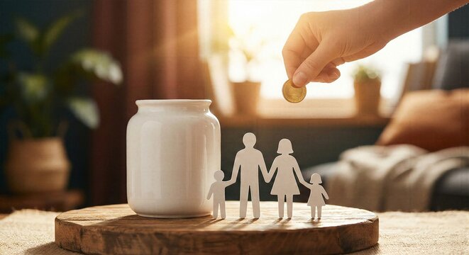 Hand depositing coin into savings jar next to paper family figures. Financial security concept for household insurance planning, retirement pension fund and life investment strategy background