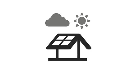 Solar panel system with sun and cloud icons representing renewable energy, weather dependency, and sustainable power generation