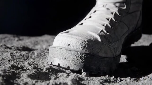 Astronaut boot footprint on lunar surface close up