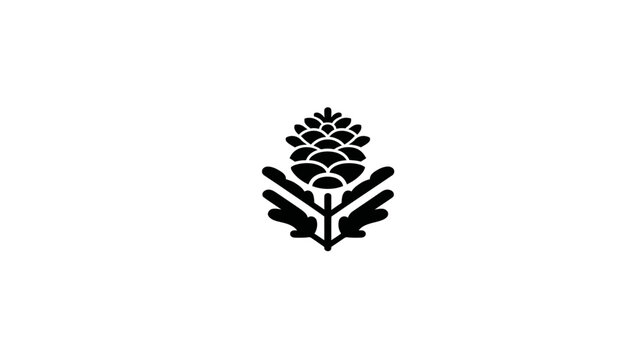 Minimalist black stylized pinecone icon with leaves, simple botanical graphic design element on white background.