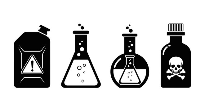 A set of four black and white vector icons depicting hazardous chemical laboratory equipment and bottles