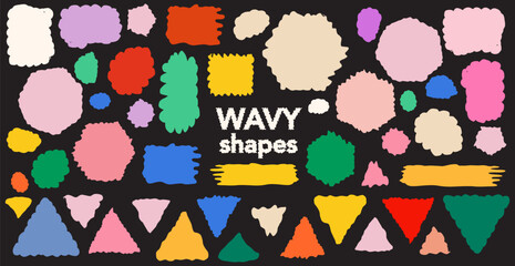 Fototapeta premium Set of Wavy organic shapes collection black background. Irregular blobby silhouettes, scalloped geometry and amoeba forms for playful branding, poster composition collage. Abstract vector illustration