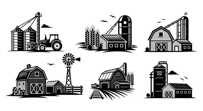 A set of black and white vector farm illustrations including barns, silos, and a windmill