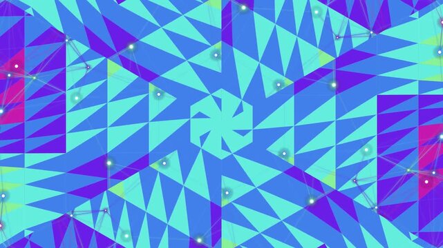 Abstract Geometric Kaleidoscope Pattern with Neon Colors and Glowing Particles.
