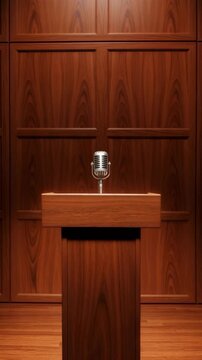 Vintage microphone on wooden podium in dimly lit room, ready for broadcast, news report, or public speaking. Vertical video