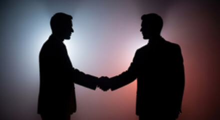 Business handshake silhouette against a colored backdrop, representing a successful partnership and agreement. The image captures the essence of a deal.