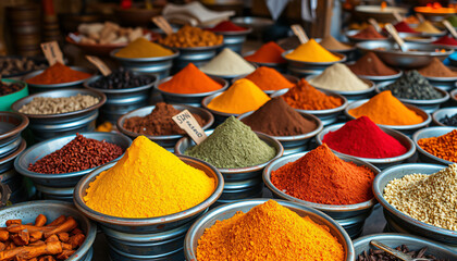 Fototapeta premium Colorful Spice Market Display Exotic Spices Food Photography