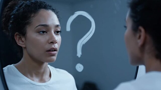A woman faces uncertainty, weighing her decision and choice, as she looks at another person with a large question mark looming in the background.