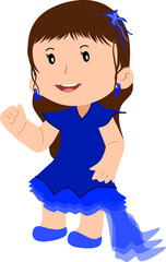 Happy Cartoon Girl in Blue Dress with Flowing Skirt in Chinese New year 
