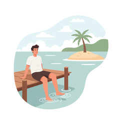 Fototapeta premium Serene Man Relaxing On Wooden Dock Near Tropical Island Paradise