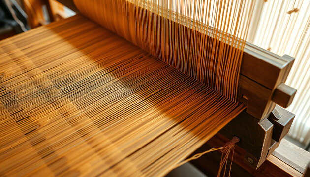 Weaving Loom with Golden Thread for Textile Art Project